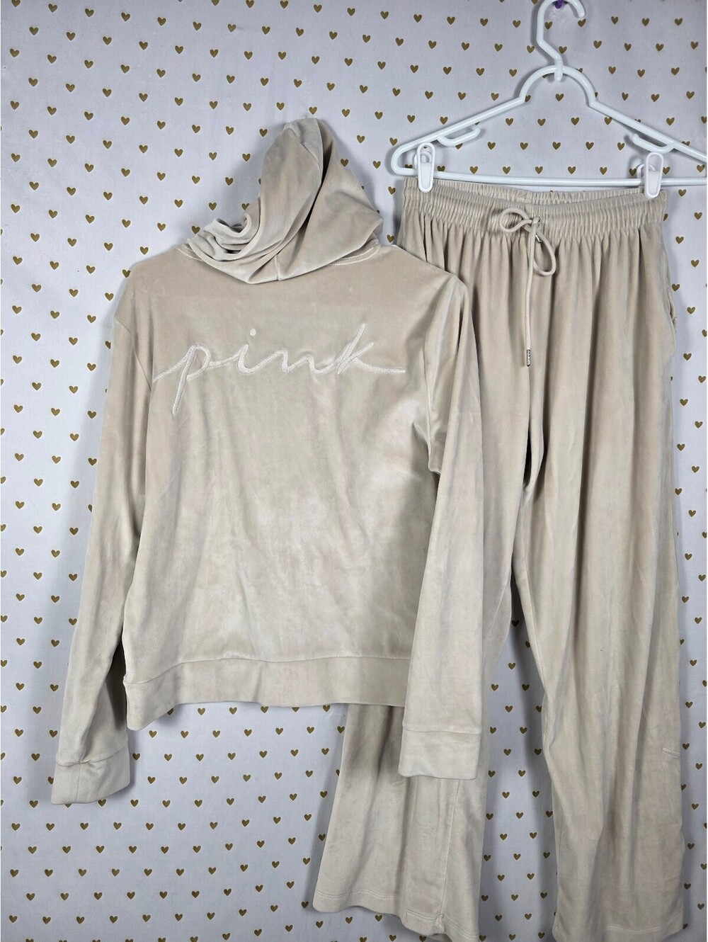 Victorias Secret Pink Beige Velour SET Hoodie Jacket Sweats Medium Outfit